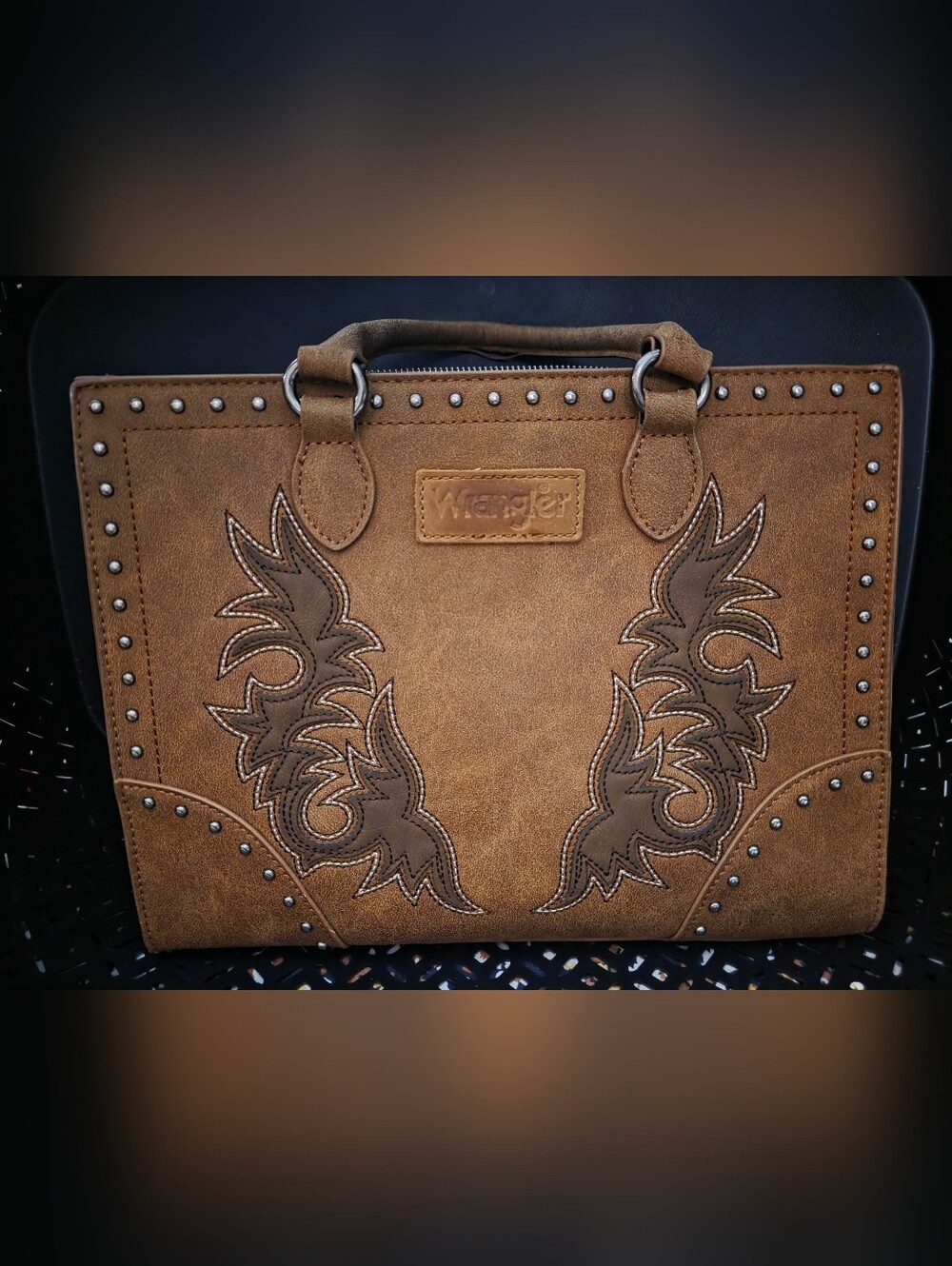 Wrangler Tan Embossed Western Tote with Stud Accents